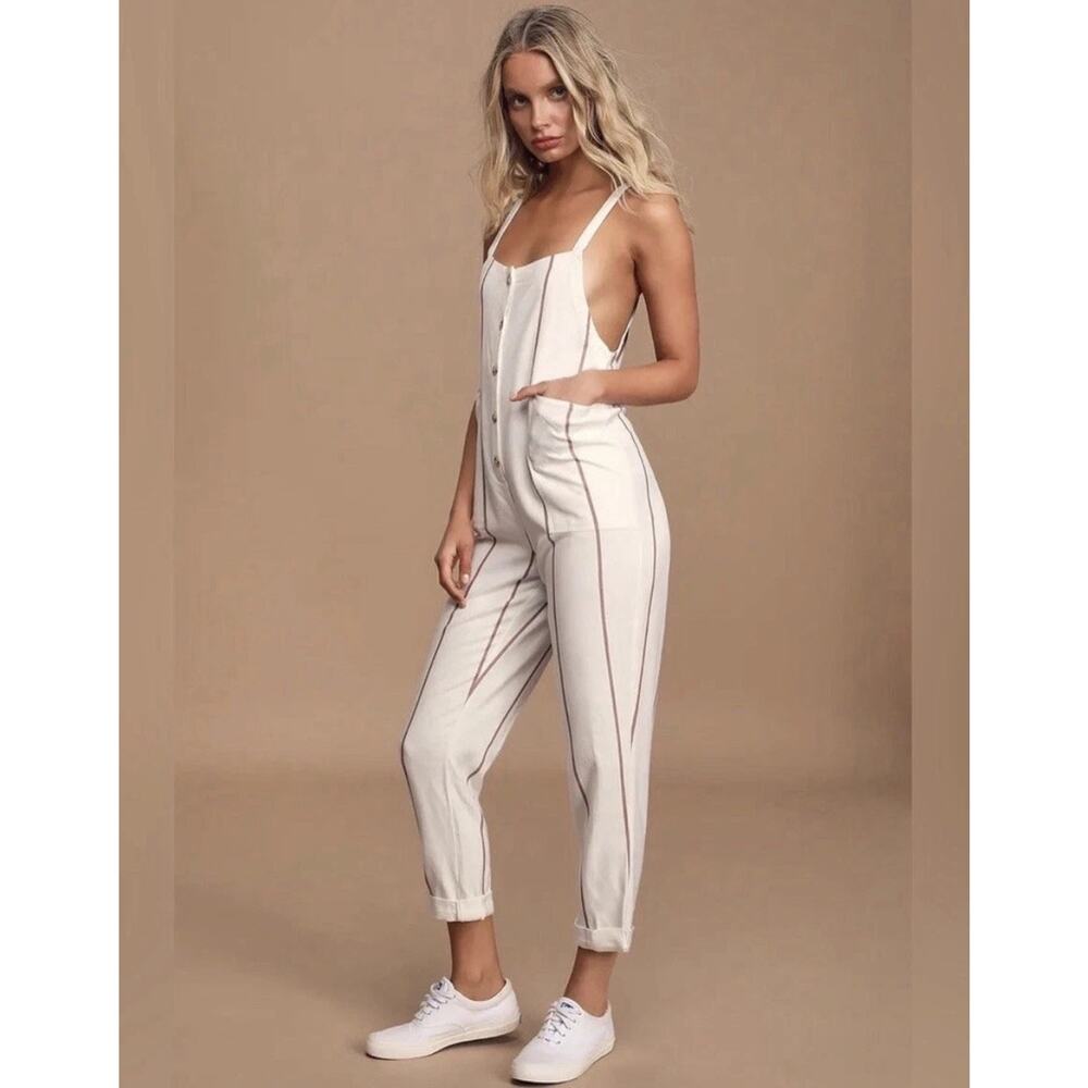 O'Neill Jumpsuit Pacey White Striped Buttons Sleeveless Romper White Small NWT